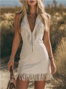 Boho Fringe Midi Dress, Faux Suede Sleeveless Bodycon Dress, Western Cowgirl Zip Front Gown, Vintage Rivet Design, Perfect for Concerts and Dates