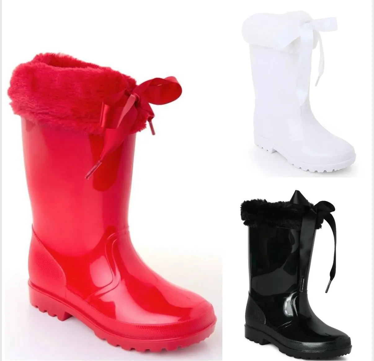 Girls Fur Bow Wellington Boot Black, Red and White