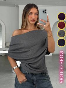 Solid Color Off-Shoulder Asymmetrical Neck Loose Fit Short Sleeve Draped Wrap Knit Top, Casual Fashion Women's Pullover Knitwear