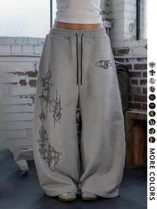Women's Dark Gothic Graphic Sweatpants Y2K Cyber Sigilism Print Wide Leg Baggy Streetwear Grey Trousers merican Retro Grey Wide Leg Sweatpants Unique Cross Tribal Print Oversized Lazy Style Jazz Dance Pants Drawstring Waist Euro-American Street Trendy Swe