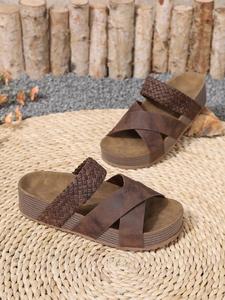 Women's Summer Vintage Woven Sandals, Pu Leather Slides, Comfortable Thick Sole Casual Slippers, Lightweight Wooden Texture Sole, Perfect for Commuting, Shopping, Beach Vacations