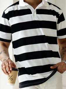 Men's Striped Print Contrast Trim Polo Shirt, Loose Casual Short Sleeve Collared Top for Summer, Fashion Men's Clothes for Daily Wear