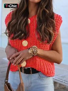 Women's Plain Button Front Pocket Sweater Vest Tops, Casual Sleeveless Round Neck Knitwear for Spring, Fashion Women's Knit Clothing for Daily Wear