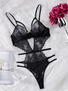 Women's Sexy Lace Floral Trim Underwire Bodysuit, Solid Color Push Up Strappy Backless Bodysuit, Women's Lingerie for All Seasons, Womenswear