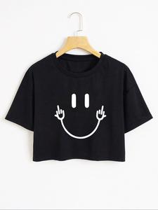 Women's Cartoon Face Print Round Neck Crop Tee, Fashion Casual Drop Shoulder Short Sleeve T-Shirt for Daily Outdoor Wear, Ladies Clothes for All Seasons