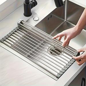 1pc, Roll Up Dish Drying Rack, Over The Sink Dish Drying Rack, Stainless Steel Multifunctional Dish Drain Rack, Rollable Dish Drainer For Kitchen Sink, Portable Stainless Steel Rolling Rack, Sink Rack Mat, Dish Drying Organiser, Kitchen Tools
