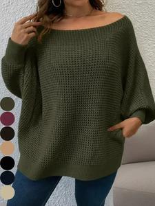 Plus Size Solid Batwing Sleeve Boat Neck Sweater, Casual Long Sleeve Jumper for Fall & Winter, Women's Plus Clothing for Daily Wear