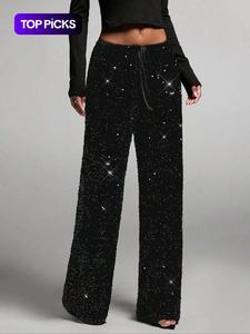 women's fashion pants with elastic waistband, bow tie design, sequins detailing, stylish long trousers for casual wear