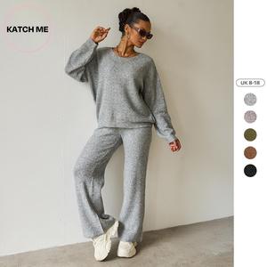 Katch Me Look Women's Slouchy Solid Color Scoop Neck Long Sleeve Top & Wide Leg Trousers Co-ord, Lady Basic Loose Two-Piece Outfits, Comfy Womenswear