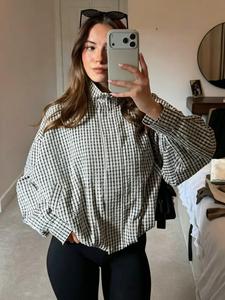 Women's Jackets Stand Collar Zip Up Cropped Coat Women Black White Gingham Jacket 2026 New Casual Loose Fit Jacket O-Neck Long Sleeve Tops Streetwear Outerwears