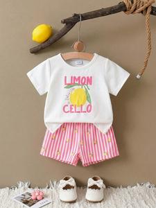 Girls' Summer Set 2026, New Lemon Print Short Sleeve T-Shirt + Striped Shorts, Soft Breathable Daily Wear Clothing, Striped Sets