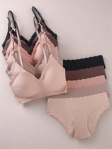 Women's Solid Color Removable Padded Bra & Knicker Set, Underwear for Women, Casual Comfy Breathable Scallop Trim Lingerie Set for Daily Wear, Basic Underwear Set for Women, Womenswear, Soft Panties, Clothing, Lady