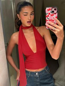 Women's Plain Halter Neck Backless Top, Casual Sexy  Plunge Neck Sleeveless Top for Summer, Women's Clothing for Daily Wear, Plunge Neck Top