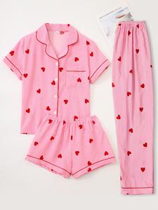 Women's All Over Print Sleepwear, Pajama Set, Pyjamas, Pjs, Short Sleeve Top & Shorts & Long Pants, Cute Striped Heart Print, Casual Fitted Loungewear, Pajamas Lounge Set