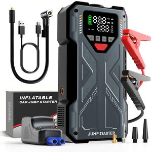13800mAh【5 in 1 Function 】  portable JumpStarter with Air Compressor, Peak 150PSl Digital Tire Inflator,8.0L Gas or 6.5L Diesel jumpstarter Usb Cable Led ScreenCar Automotive Road Trip jump
