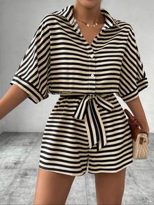 Women's Striped Print Romper, Casual Belted Romper for Summer, Fashion Women's Clothes for Daily Wear