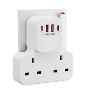 Multipurpose Wall Socket with 2 Outlet & 4 USB Ports, Surge Protector Multi Plug Adapter, Wall Outlet Extender, Flat Plug Socket for Kitchen, Living Room, Office