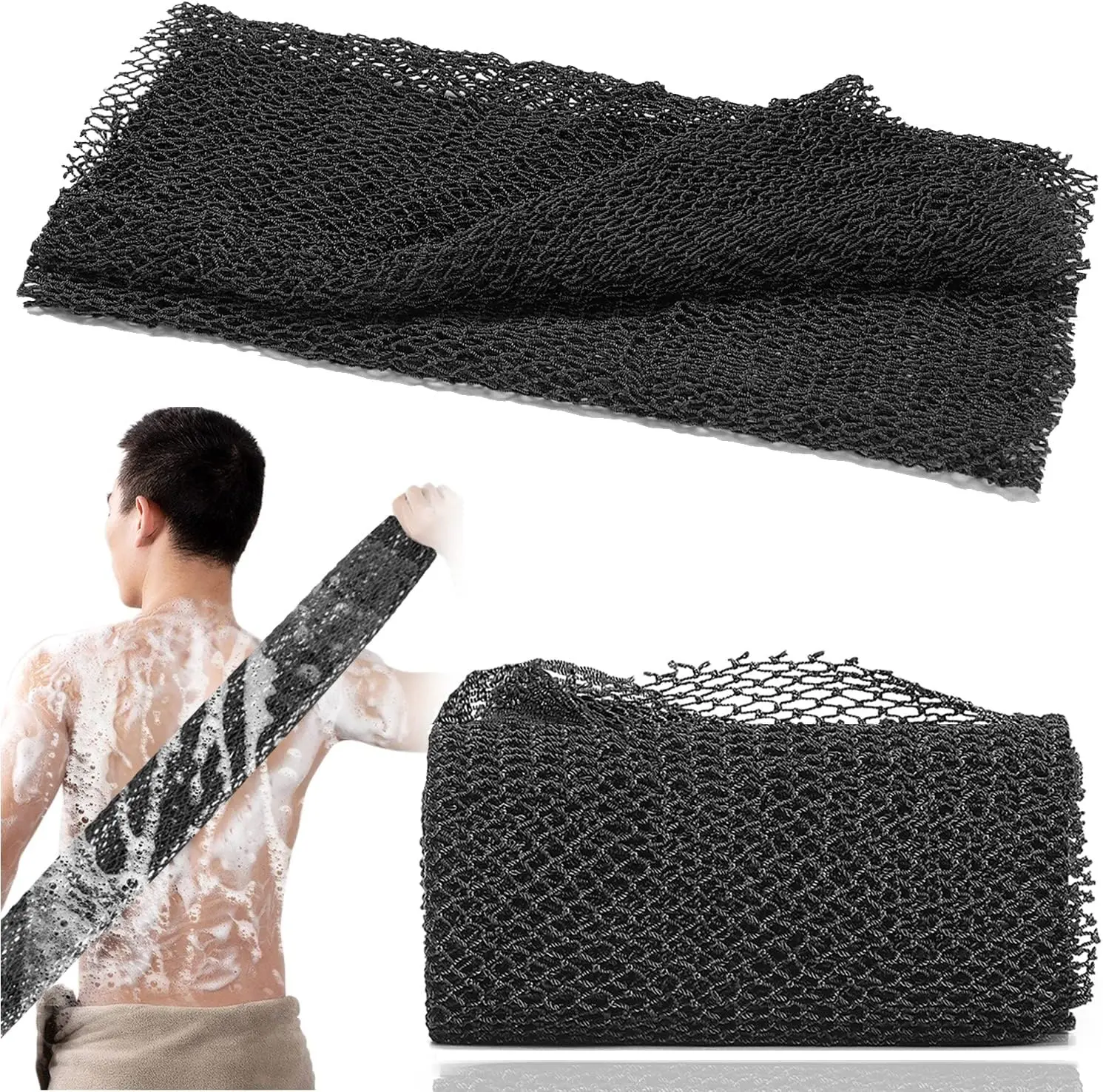 JASSINS African Net Long Bath Net Sponge, Bathing Body Exfoliating Shower Body Back Scrubber Skin Smoother,Stretch Length to 66 INCH (Black) Personal Cleaning Tool