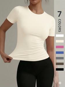 Women's Solid Color Round Neck Sports Tee, Casual Comfy Breathable Short Sleeve T-shirt for Yoga Gym Workout, Ladies Sportswear for All Seasons, Breathable Athleisure
