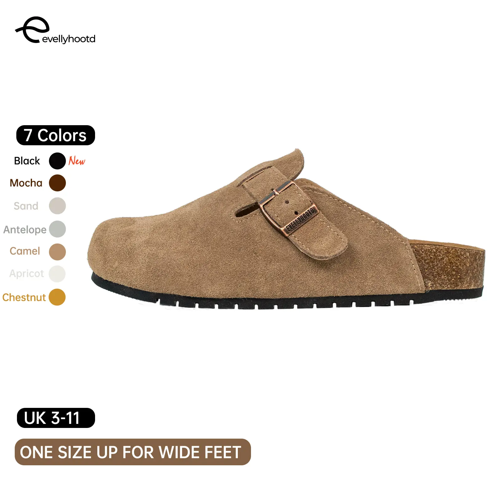 EVELLYHOOTD Women Suede Round Toe Cork Footbed Clogs with Comfort Width Adjustable Fashion Slipper [One size up for wide weet]