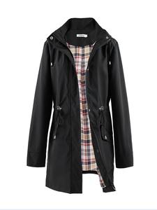 Women's Solid Drawstring Pocket Button Zipper Hooded Jacket, Casual Long Sleeve Waterproof Windbreaker Coats for Spring & Fall, Lady Clothes for Daily Wear, Comfy Outfits for Women