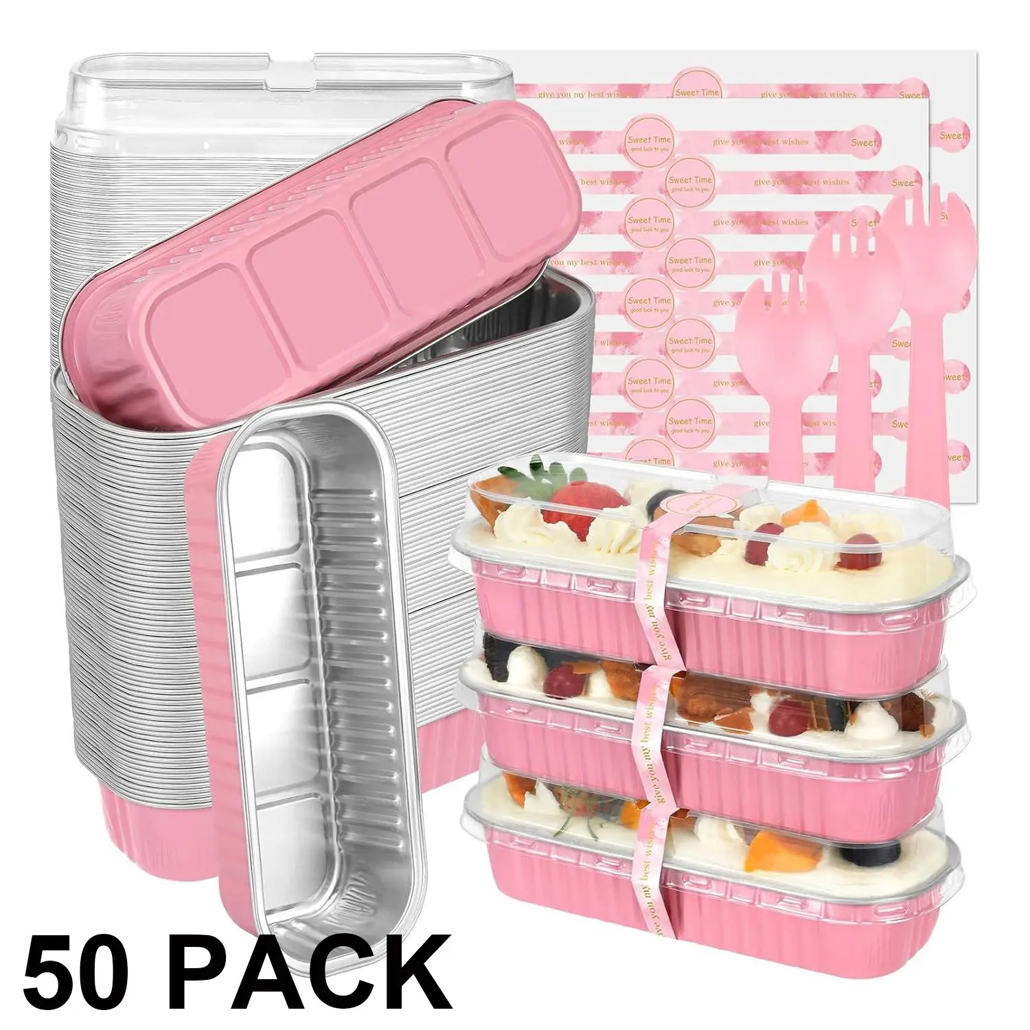 50 Pack Mini Cake Pans with Lids and Spoons, Small Aluminum Foil Loaf ...
