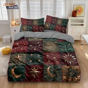 3pcs Retro Sun and Moon Patchwork Bedding Set, 2D Flat Print, Includes 1 Duvet Cover & 2 Pillowcases, Soft Comfortable Fabric, No Filling, Suitable for Bedrooms, Hotels, School Dormitories