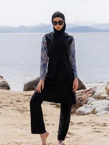 Women's Ethnic Pattern Long Sleeve Swimwear Three-Piece Set, Modest Swimsuit for Beach Holiday Vacation, Ladies Swimwear for All Seasons