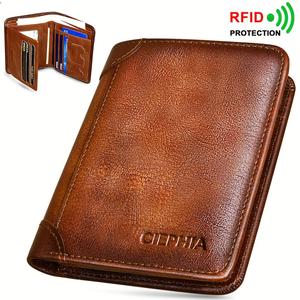 Men's Wallet, Genuine Leather, Tri-Fold, RFID Blocking, Top Layer Cowhide, Retro Style, Short Length, Multi-function, Credit Card Clip, with 2 ID Slots, Suitable as a Gift for Men Wallets
