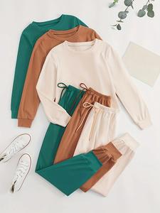 Women's Solid Color Long Sleeve Tee & Tie Front Elastic Waist Pants Loungewear Set, Casual Comfy Round Neck Top & Trousers PJ Set, Ladies Sleepwear for Spring & Fall, Pajama Set