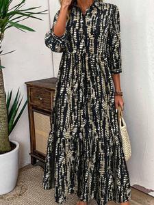 Women's All Over Print Collared 3/4 Sleeve Dress, Elegant Casual Fashion Long Dress for Daily Outdoor Wear, Women Dress for Spring Fall