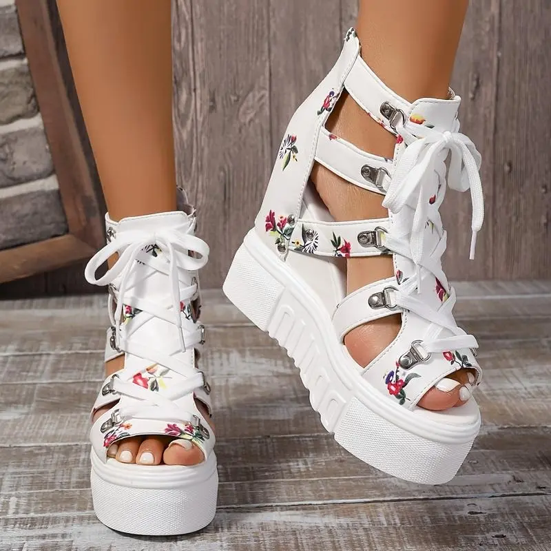 Women's Floral Vintage Sandals, Back Zipper Platform Hollow Lace Up Shoes, Summer Breathable Wedge Holiday Shoes