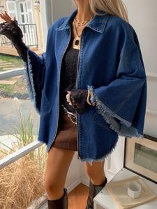 Vintage Loose Cape-Style Denim Jacket, Frayed Hem Zipper Design, Casual Streetwear Women's Outerwear, Comfortable and Stylish