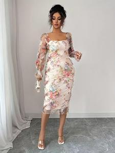Women's Spring Autumn New Elegant Romantic Mesh Floral Print Ruffle Long Sleeve Mid-Length Dress, Stylish and Comfortable Fashion