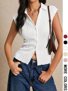 Women's Plain Button Tee, Elegant Fashion Casual Breathable Chic Basic Fitted Cap Sleeve T-shirt for Summer, Ladies Clothes for Daily Wear, Going Out Tops, Clothing, Womenswear, Elegant Classy Cropped Tops, Button Up Blouse, Feminine