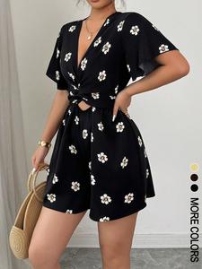 Floral Waist Cutout Jumpsuit Shorts, V Neck, Short Sleeve, Casual Summer Style, Loose-Fitting, X Type Silhouette, Womenswear