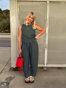 【Plus Size】 Women's Plaid Print Tank Top & Wide Leg Pants, Casual Two-piece Set for Summer, Women's Clothes for Daily Wear, Summer Outfits Set