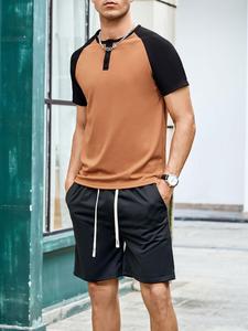 Men's 2pcs Colorblock Raglan Sleeve Tee & Drawstring Pocket Shorts Set, Summer Clothes Regular Fit Casual Short Sleeve T-Shirt & Track Shorts, Two-Piece Outfits for Summer Outdoor