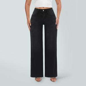 ONESO Mid-low Rise Baggy Jeans Stretchy Wide Leg for Women Distressed Pants Dark Blue/Light Blue WomenswearBottom 8001 Lady Basic Minimalist Comfortable Denim TummyControl Curve Hugging Plus Size Regular Size BBL soft glow