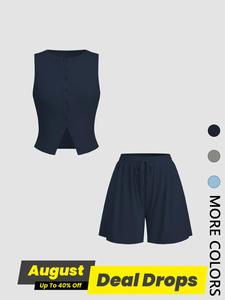 Two-piece Set Women's Solid Ribbed Tank Top & Shorts, Casual Basic Sleeveless Top & Shorts for Daily Wear, Ladies Two-piece for All Seasons, Womenswear, Clothing, Pajama Set, Minimalist Soft Lounge Sets, Loungewear