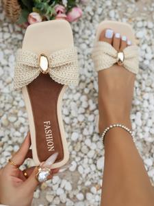 Women's Comfortable Beach Vacation Strap Flat Sandals, Casual Bowknot Design PU Leather Low Heel Slippers, Square Toe Summer Shoes