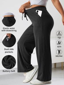 Women's Plus Size Knit Wide Leg Pants, Elastic Waistband, Side Pockets, Casual Loose Fit, Soft High Stretch, All Seasons Wear