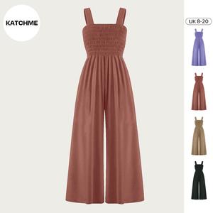 KatchMe Women's Elegant Solid Color Thick Strap Ruched Pocket Wide Leg Jumpsuit,Sleeveless Tank,Versatile Stretchy Womenswear,Womens Wide Leg Romper