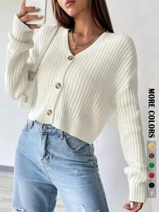 Women's Plain Basic Button Front Drop Shoulder Cardigan, Casual Solid Long Sleeve V Neck Knitwear Knitting for Fall & Winter, Women's Clothing for Daily Wear Fitted Womenswear
