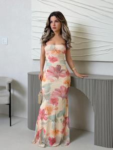Elegant Backless Print Dress for Women, Summer Beachwear, Boho Style, Tropical Vacation, Wedding Guest Dress, Party Dress
