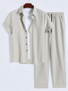 Men's Solid Short Sleeve Top & Pants Two-piece Set, Fashion Regular Fit Quality and Comfort Casual Button Collared Top & Trousers for Summer, Men's Two-piece Outfits for Daily Wear
