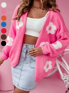 【plus Size】 Plus Size Floral Print Drop Shoulder Cardigan, Casual Long Sleeve Open Front Crochet Top Knitwear for Fall & Winter, Women's Plus Clothing for Daily Wear