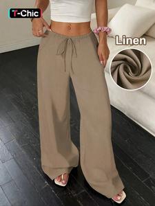 Women's Linen Wide Leg Pants, Casual Mid Waist Long Trousers, Comfortable Breathable Summer Fashion, One Piece Ladies Clothing, Bottom