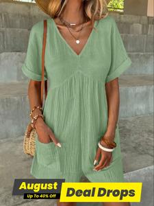 Women's Solid Color V Neck Wide Leg Romper, Casual Minimalist Comfy Short Sleeve Romper for Spring & Fall, Women's Clothes for Daily Wear, Womenswear, Shortsleeve, Lady