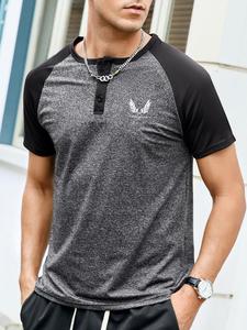 Men's Regular Fit Colorblock Raglan Sleeve Half Button Tee, Summer Clothes, Casual Short Sleeve Round Neck T-Shirt for Summer, Men's Top for Daily Wear